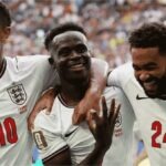 Bukayo Saka merayakan hattrick saat Inggris vs Prancis 6-4 pada perebutan peringkat ketiga Piala Dunia 2026.