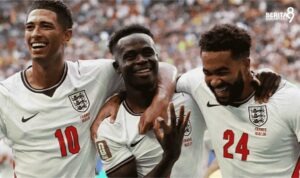 Bukayo Saka merayakan hattrick saat Inggris vs Prancis 6-4 pada perebutan peringkat ketiga Piala Dunia 2026.